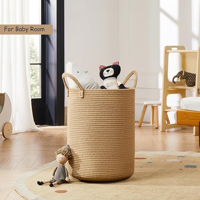 15Dx20H inches Jute Woven Hamper Laundry Basket Wicker Rope Clothes Hamper for Baby Nursery Kids Tall Rattan Blanket Basket in Living Room Bedroom 60L Large Capacity