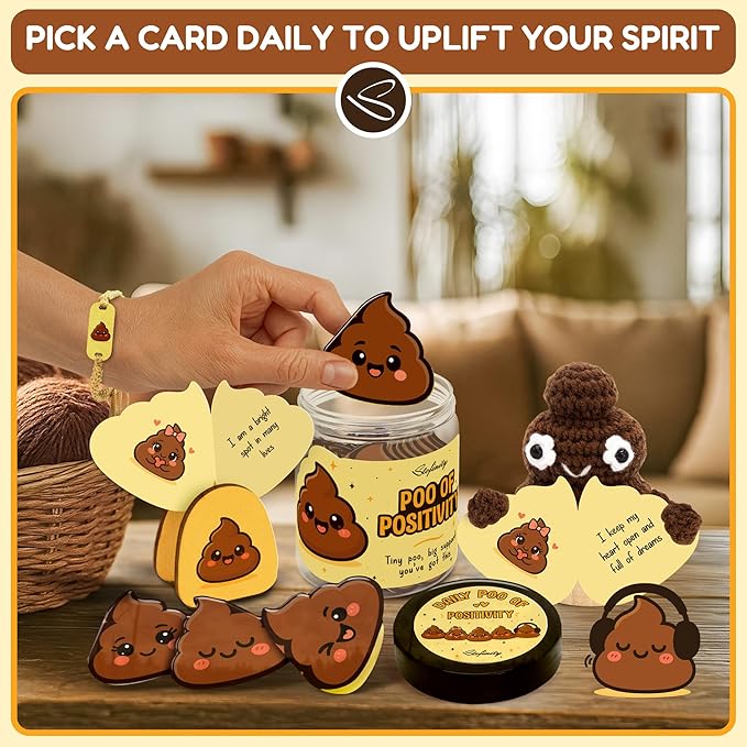 Positivity Poo Crochet Affirmation Jar - 60 Funny Affirmation Cards For Women Men, Support Poop Gifts, Cute Birthday Gifts For Teens Girl Trendy Stuff, Inspirational Gift For Him Her