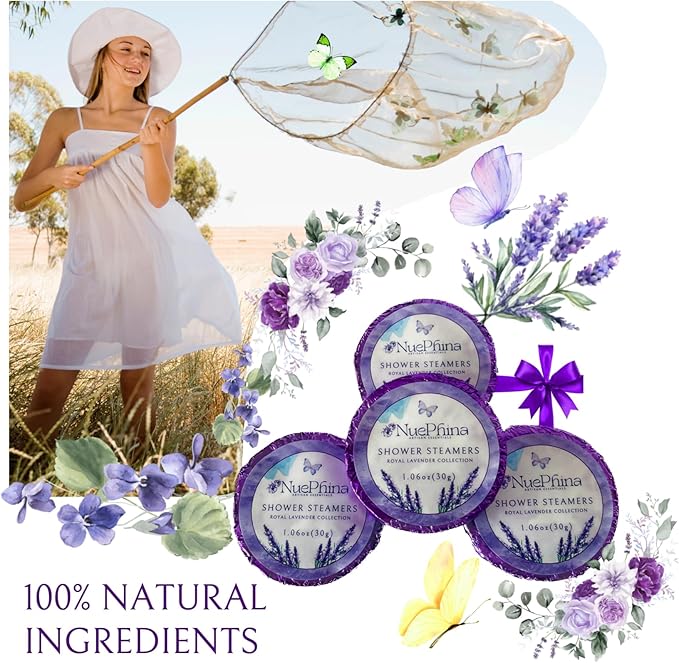 8 Lavender Shower Steamers, Natural Ingredients with Pure Essential Oils & Real Flowers. An Affordable Luxury Self-Care Gift for Men & Women, Create a Calm & Stress Relieving Spa-Like Therapy at Home.