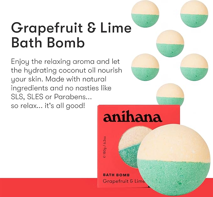 ANIHANA Bath Bomb with Coconut Oil, Paraben Free, Hand-Crafted Luxury Fizzers, Refreshing Grapefruit & Lime Scent, 6.3 oz