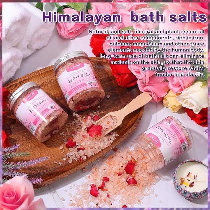 3 Pack Kit Bath Salts for Soaking Himalayan Pink Salt Rose Pink Scent Epsom Salt Bubble Bath for Women Christmas Gift with Dead Sea Salt Moisturizing Skin Tea Tree Oil Natural Soaking spa