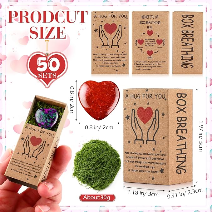 Landical 50 Sets Pocket Hug Token Gifts Small Crystal Heart Stones Bulk with Boxes Mini Heart Shape Natural Stones for Colleagues Family Distance Social Celebration of Life Gifts(Classic)