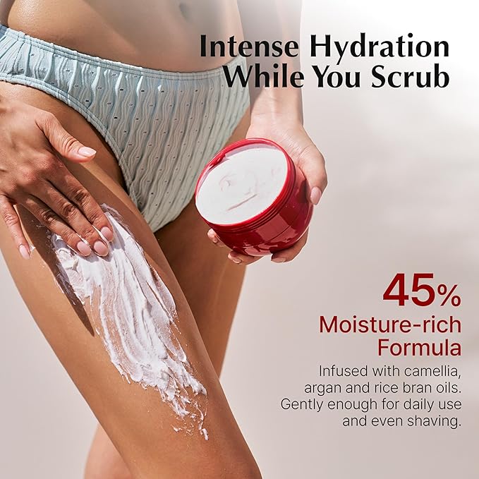 Glow Cream Body Scrub – Hydrating & Nourishing Cream with Argan Oil, Rice Bran Oil, Camellia Oil & Glycolic Acid – Vegan, Microplastic-Free, Vanilla Floral Scent – 9.5 oz