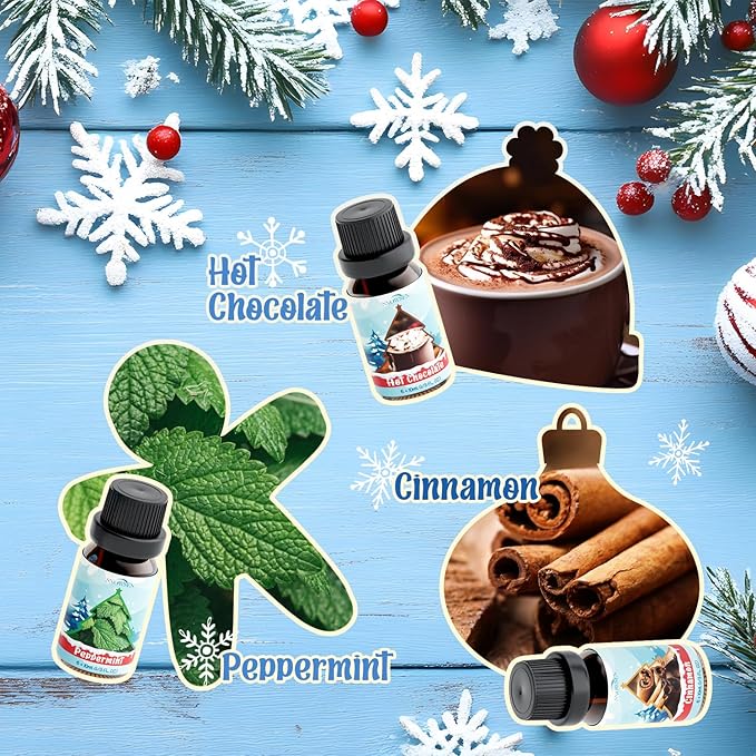 Winter Essential Oil Set, 6x10ml Fragrance Oils for Diffuser & Candle Making - Christmas Wreath, Gingerbread, Sugar Cookies, Hot Chocolate, Peppermint, Cinnamon Aromatherapy Oils for Home