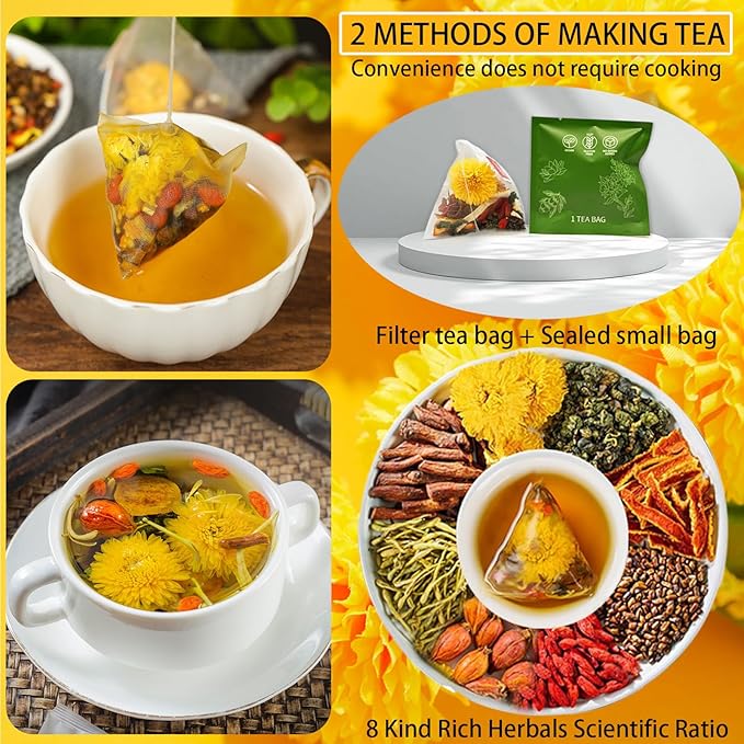 Goji Berry Chrysanthemum Tea for Liver Health, 8 Excellent Raw Material Formulas, Chinese Health Herbal Tea, Liver Cleanse & Detox Herbal Tea Bags, 15Bag, Vegan, Sugar-Free & Caffeine-Free (2Box(30Bags))