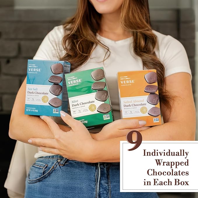 Verse Dark Chocolate Squares Variety Pack - Mint, Sea Salt, Salted Almond w/Low Cane Sugar, High Cacao - Premium Dark Chocolates - Individually Wrapped Chocolate Squares (9 Count, 3 Pack)