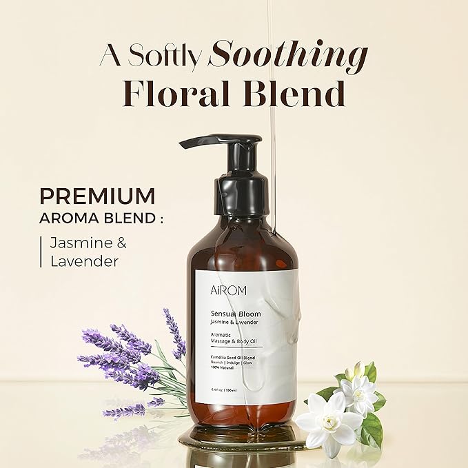AiROM Jasmine & Lavender Massage Oil for Massage Therapy - Scented Body Oil for Women – Hypoallergenic, Relaxing Aromatherapy, Non-Greasy, Spa Quality, Nut-Free - 6.4 fl oz