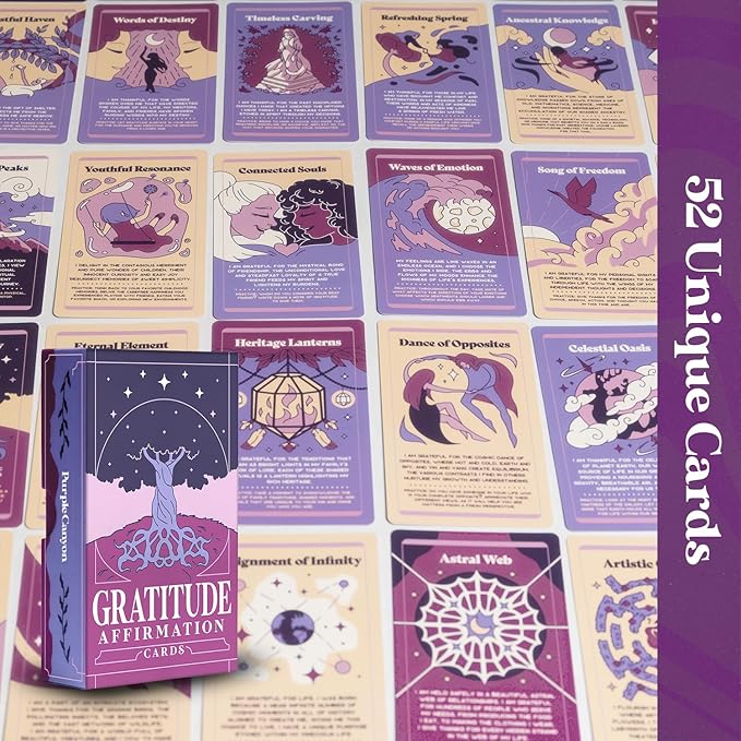 PURPLE CANYON Gratitude Cards | Positive Affirmations for Daily Reflection | Mindfulness Cards for Self Care | 52 Card Deck in Shades of Purple