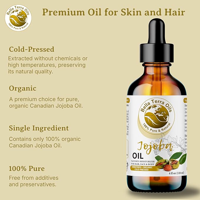 Bella Terra Oils - Organic Jojoba Oil 16oz - Unveiling Organic Jojoba's Beauty Secrets, Saturated with Vitamin B5 & Folic Acid, The Gold Standard of Body Oil Moisturizers