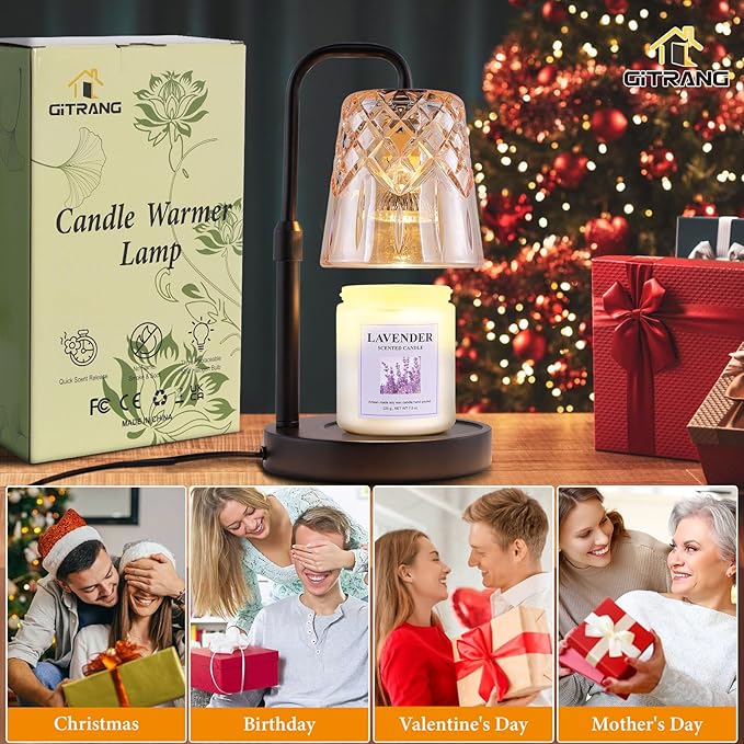 Candle Warming Lamp with Timer Dimmer, Adjustable Height Electric Wax Melt Warmer for Jar Candles with 3 Bulbs, Mother's Day Women's Home Decor Gift, Round Base with Black Pole