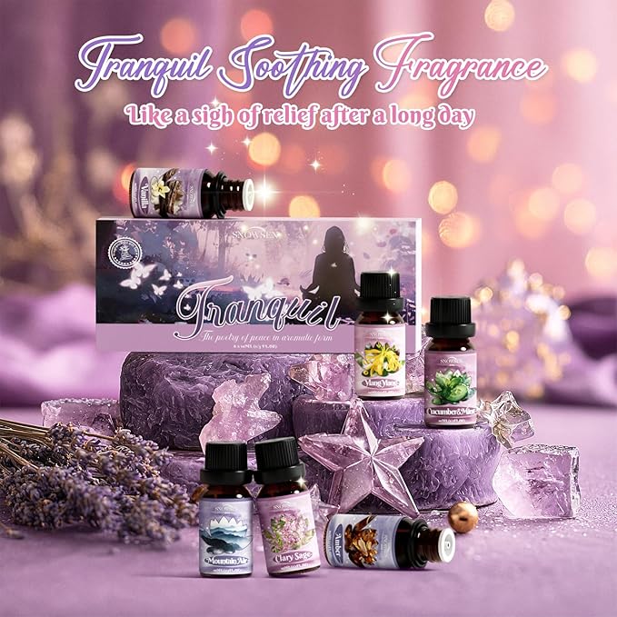 Tranquil Diffuser Oils, SNOWSEN Essential Oil Set for Diffuser, Soap & Candle Making, Aromatherapy Oils Gift Set Includes Amber, Vanilla, Cucumber & Mint, Clary Sage, Ylang Ylang, Mountain Air