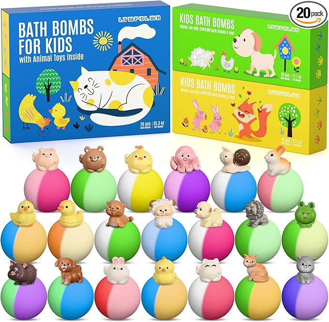 Bath Bombs for Kids with Toys Inside, 20 Kids Bath Bombs with Animal Toys Inside, Skin-Friendly, Non Toxic, Handmade Organic Natural Bubble Bath Fizzies, Birthday Gifts for Girls Boys