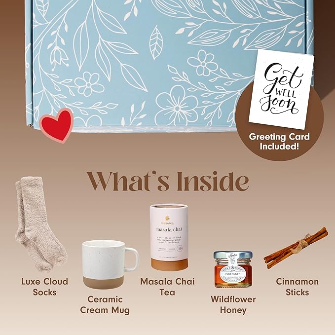 Unboxme Get Well Soon Comforting Gift Basket for Women - Soothing Self Care Box with Fluffy Socks, Ceramic Mug, Chai Tea, Honey & Cinnamon for Mom, Sister, Friends and Coworkers