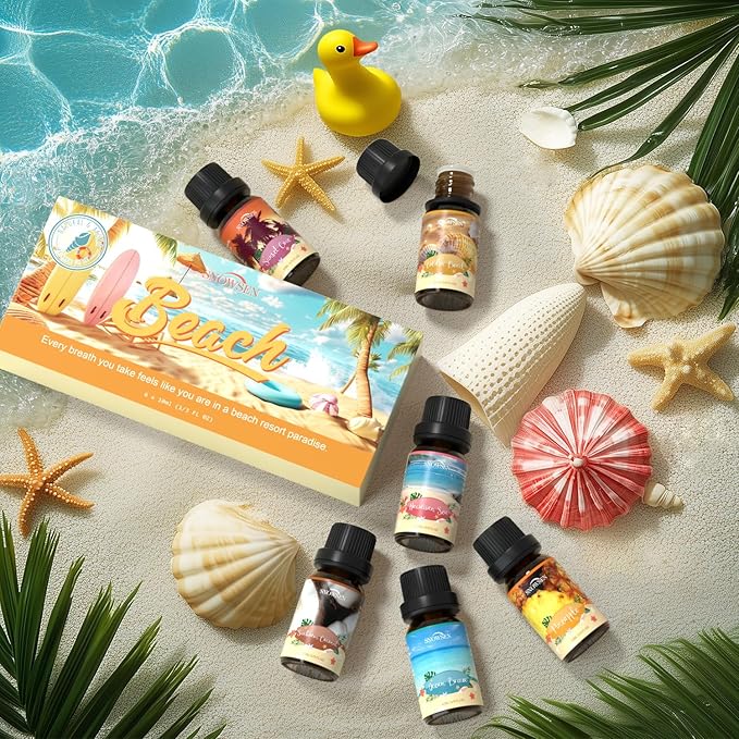 Beach Essential Oils Set, SNOWSEN Fragrance Oil for Diffuser, Candle Making, Soap Making, Spray,Sunbeam Coconut, Pineapple, Ocean Breeze, Sunset Cove, Golden Beach, Hawaiian Sea, Tropical Scented Oil