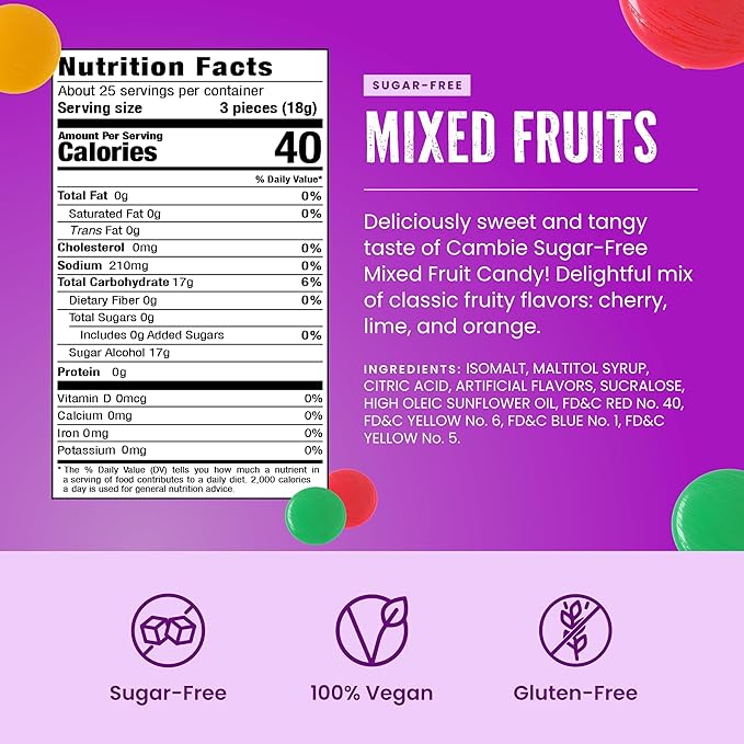 Cambie Sugar Free Mixed Fruit Hard Candy - 1 Pound of Individually Wrapped Sugar Free Hard Candy, Assorted Fruit Flavors with Cherry, Lime, and Orange, Keto & Diabetic Friendly