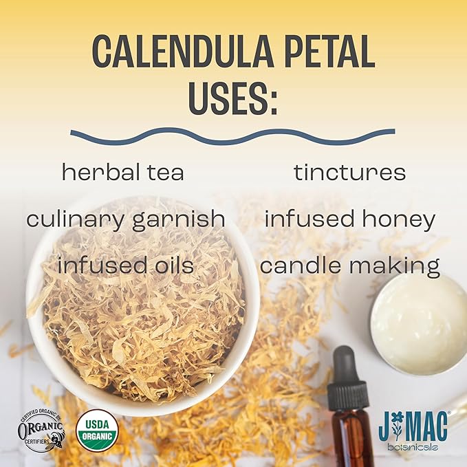J Mac Botanicals, Organic Calendula Petals (12 oz) edible dried flowers, pairs well with rose petal for ice cubes, cooking, beverages, and bath bombs