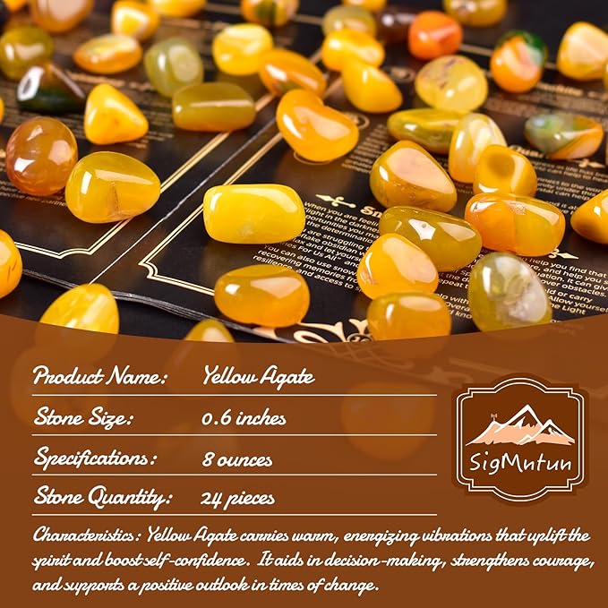 Yellow Agate Healing Crystal Stone Set - 24 Pieces, 0.6" Natural & Polished Stones for Healing, Meditation, Reiki, Chakra, Crafting & Decoration