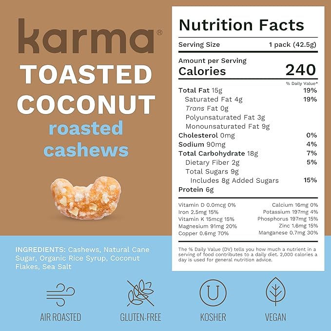 Toasted Coconut Cashews by Karma Nuts, Whole, Sweet, Roasted, Vegan, Gluten Free, Low Net Carb, Natural, Everyday Nut Snack, 1.5 Ounce (12 Snack Packs)