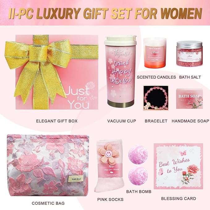 Birthday Gift for Women Spa Gift Set - Unique Get Well Soon Gifts for Women, Relaxing Self Care Package for Her, Christmas Gifts for Mom, Wife, Sister, Friend, Female Coworker (Rose)