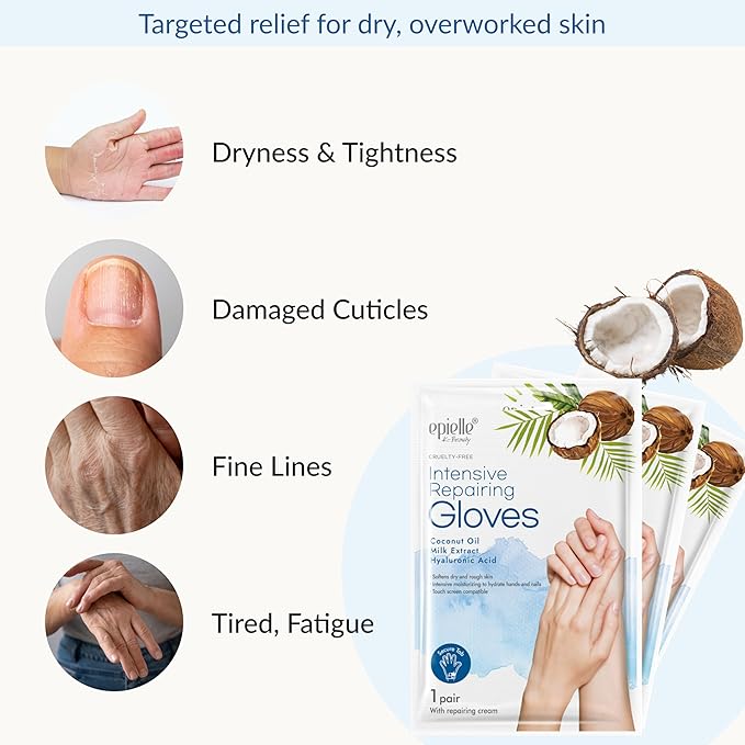 Epielle Intensive Repairing Hand Masks 6 Pairs, Deep Moisturizing Gloves for Dry, Cracked Hands, Repair with Coconut Oil & Milk Extract, Korean Skin Care, Spa Set, Self Care Gifts for Women