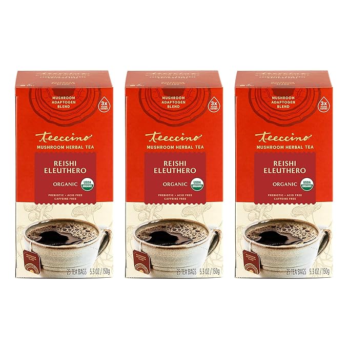 Teeccino Reishi Eleuthero Tea - French Roast - Organic Mushroom Adaptogenic Herbal Tea, 3x More Herbs than Regular Tea Bags, Caffeine Free, Chicory Prebiotic - 25 Tea Bags, Pack of 3