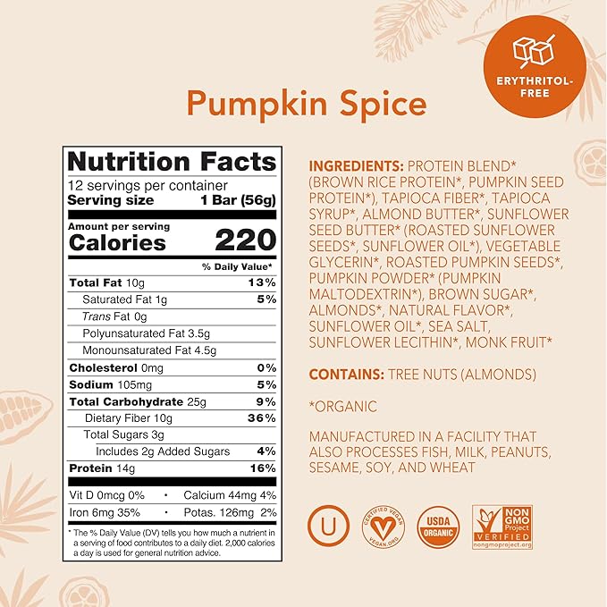 ALOHA Organic Plant Based Protein Bars - Pumpkin Spice, Vegan, Low Sugar, Gluten-Free, Low Carb, Non-GMO, No Stevia, No Erythritol - LIMITED EDITION, 12 Count (Pack of 1)