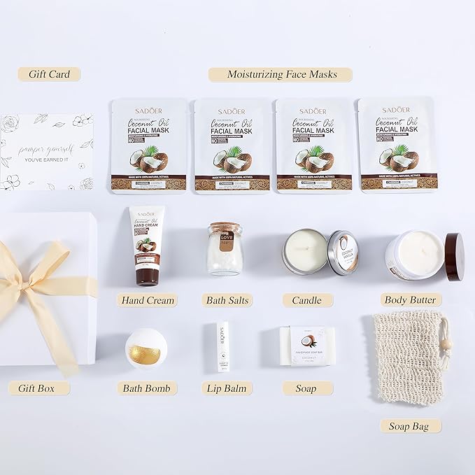 Coconut Spa Gifts for Women Birthday Self Care Kit Christmas Gifts Basket Thank You Relaxing Bath Sets for Moms Friends Co-worker Daughter Girlfriend Grandma Sister Teacher Daughter-in-Law