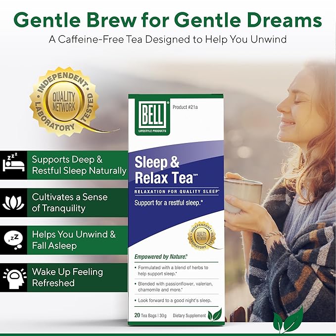 Bell Lifestyle Sleep & Relax Herbal Tea - Night Time Blend with Chamomile, Passionflower, Linden, Valerian, 100% Natural, Vegan, Caffeine-Free - 20 Tea Bags