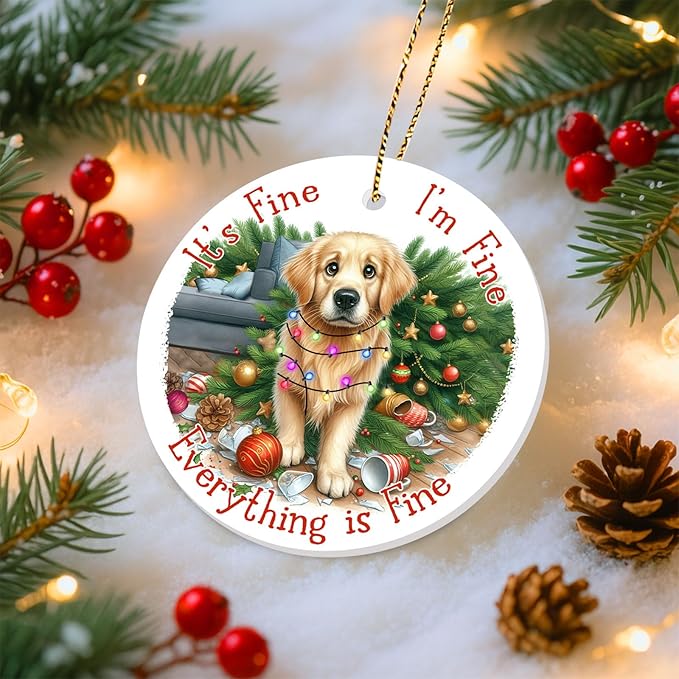 34HD 2.9"" Lightweight Ceramic Ornament for Christmas Tree, Both Sides Printed Flat Hanging Ornament, Gifts for Christmas, Christmas Decoration - Golden Retriever