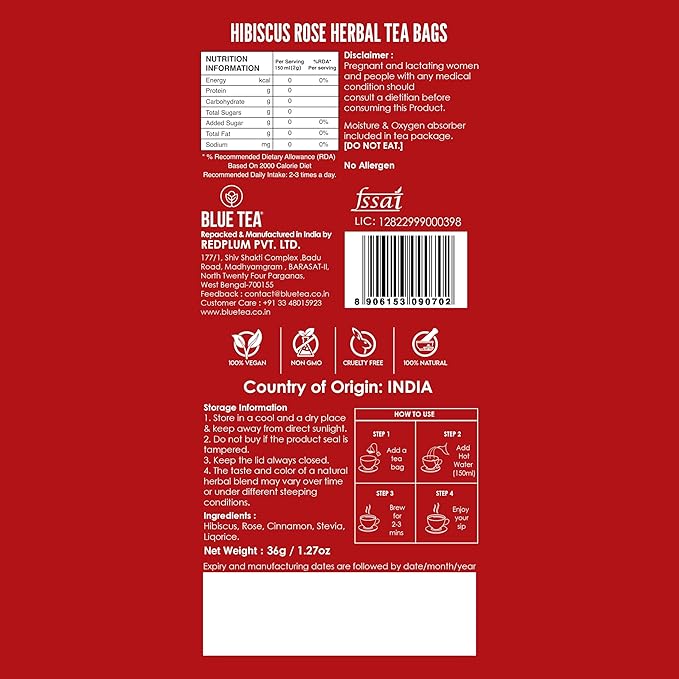 BLUE TEA - Hibiscus Tea - 18 Count - Rose - Pyamid Plant Based Tea Bag | SKIN GLOW ENHANCING TEA | Herbal Tea - Flower Based - Caffeine Free - Vegan - Gluten Free - Non-GMO | Tin Packaging