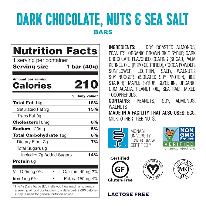 Fody Foods Snack Bars, Dark Chocolate Nuts & Sea Salt, 1.41 Oz (Pack of 6), 5g Protein, Low FODMAP, Gut & IBS Friendly, Vegan, Lactose Free, Non-GMO, Gluten Free