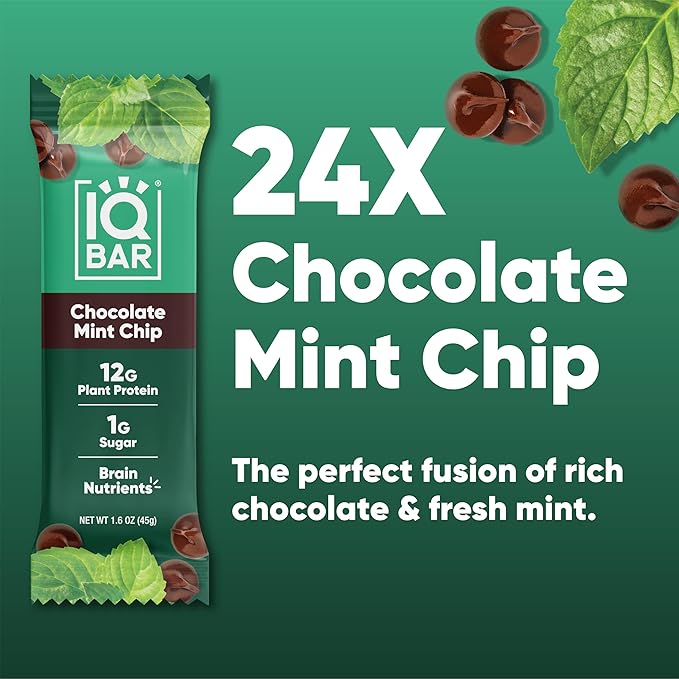 IQBAR Brain and Body Plant Protein Bars - Chocolate Mint Chip - 24-Count - Keto, Vegan, Low Carb, High Fiber, Gluten Free, Dairy Free, Low Sugar Snack with Nutrients for Focus, Energy, Meal Replacement