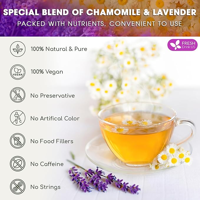 FreshDrinkUS, Premium 135 Chamomile Lavender Tea Bags, 100% Natural Herbal Ingredients, Hand-made Blend of Chamomile Lavender Flowers, Eco-conscious Tea Bags. No Sugar, No Caffeine, No Gluten, Vegan.