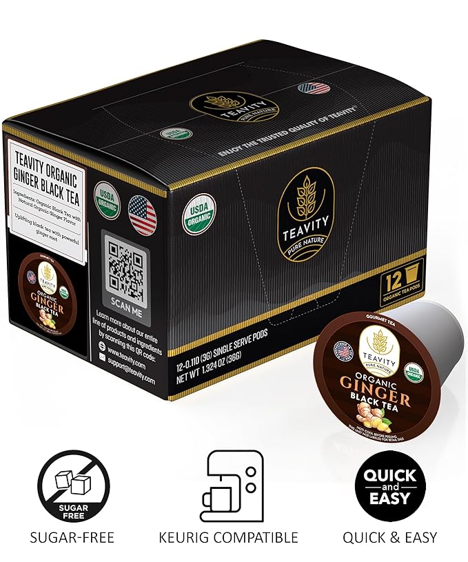 Organic Ginger Tea Pods for Keurig with Unsweet Black Tea for K Cup Brewing - Ginger Black Tea by Teavity (24 Tea Pods)