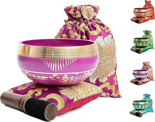 Tibetan Singing Bowl Set - Easy To Play for Beginners - Authentic Handcrafted Mindfulness Meditation Holistic Sound 7 Chakra Healing Gift by Himalayan Bazaar (Orchid)