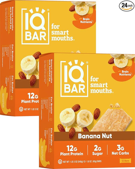 IQBAR Brain and Body Plant Protein Bars - Banana Nut - 24-Count - Keto, Vegan, Low Carb, High Fiber, Gluten Free, Dairy Free, Low Sugar Snack with Nutrients for Focus, Energy, Meal Replacement