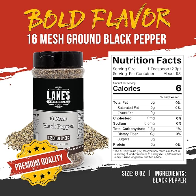 Lane's 16 Mesh Coarse Black Pepper Ground, 8 oz - Premium Coarse Ground Black Pepper Seasoning with Bold Flavor, Slow-Release Heat, Ideal for Grilling & Cooking, Gluten-Free Spice, No Preservatives