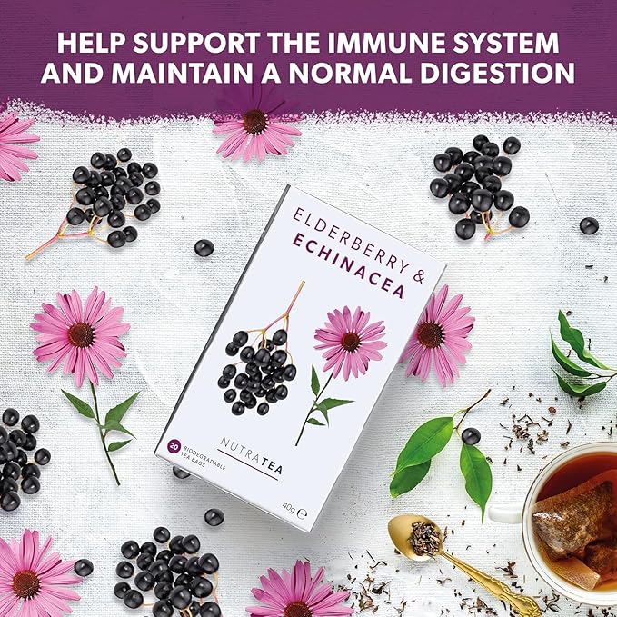 Nutra Tea - Elderberry & Echinacea Tea | Elderberry Tea - Immunity Teas | Immune Teabags - 20 Individually Wrapped Bags - Herbal Teas - (1 Pack)