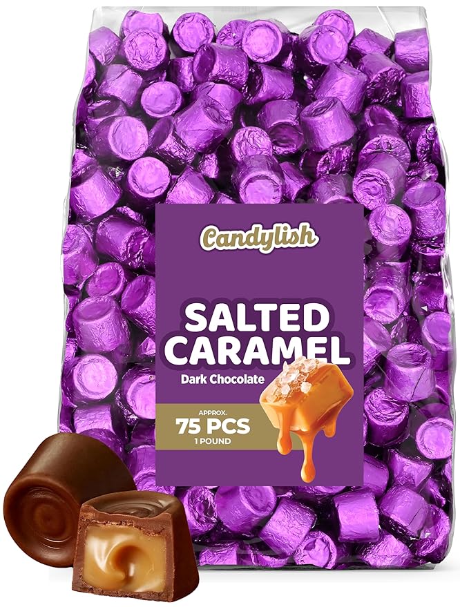 Salted Caramels in Dark Chocolate, 1 LB Bag - Sweet and Salty Gourmet Candy, Individually Wrapped in Purple Foil, Bulk Candy, Approx 75 Pieces