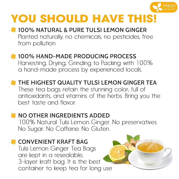 FreshDrinkUS, Premium 135 Tulsi Lemon Ginger Tea Bags, 100% Natural & Pure from Tulsi Holy Basil Leaves, Lemon and Ginger. Made with Natural Material Tea Bags. No Sugar, No Caffeine, Vegan.