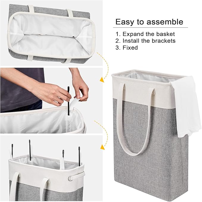 Collapsible Laundry Baskets Double Laundry Hampers Large Foldable Laundry Basket Organizer with Straps Beig Gray Cloth Laundry Hamper for Dirty Clothes,QY-SC22-2