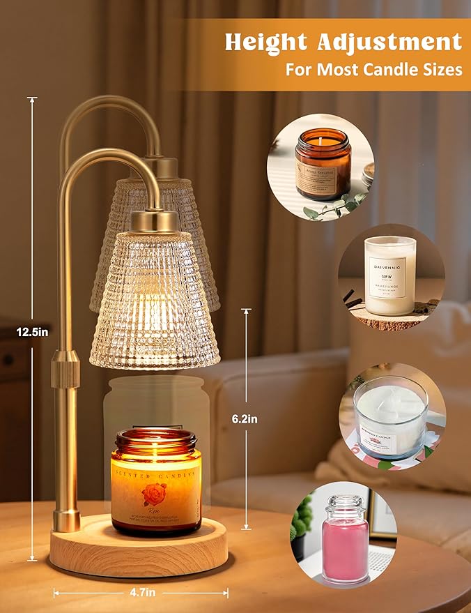 Innqoo Wood Color& Clear Candle Warmer Lamp with Timer, Dimmable Candle Warmer for Jar Candles, Height Adjustable Wax Melts Warmer, Birthday Gifts for Women Mom, House Warming Gifts New Home Decor