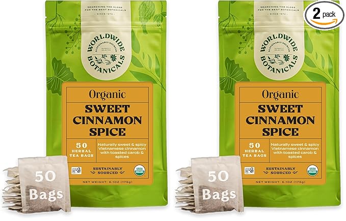 Worldwide Botanicals Sweet Cinnamon Spice Herbal Tea, 50 Tea Bags - Organic, Caffeine Free, Kosher, Naturally Sweet, 50% More Herbs - 50 Tagless Eco-Friendly Tea-Bags (Pack of 2)