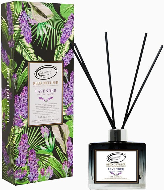 Air Jungles Lavender Reed Diffuser Set with Sticks 3.4 fl. oz, Essential Incense Oil Air Freshener for Home, Bathroom, Bedroom, Office, Fragrance Decor Gift for Women