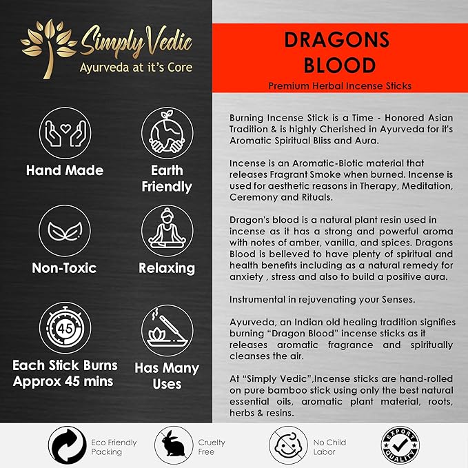 Simply Vedic Dragons Blood Incense Sticks β 250g Pack (Approx. 135 Handmade Sticks + Free Holder) | Charcoal-Free | Natural Essential Oils for Meditation, Yoga, Aromatherapy, Prayers & Spiritual Use