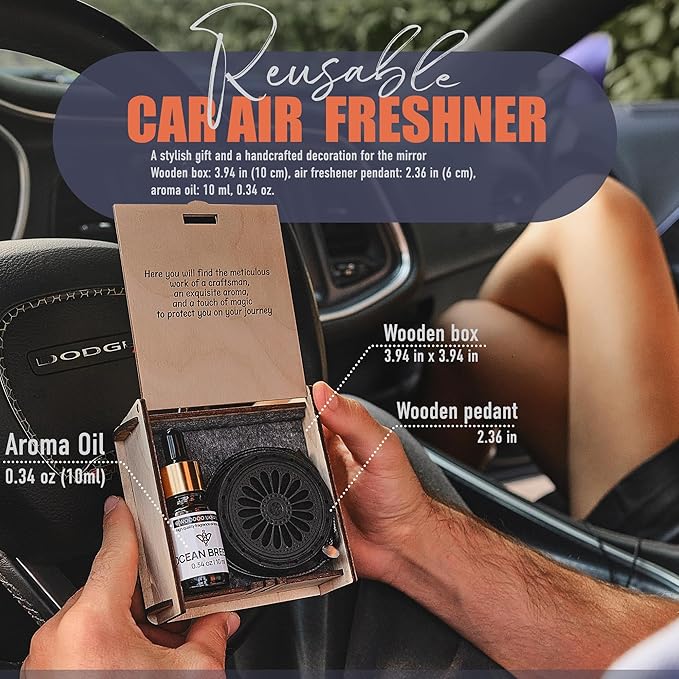 Wood Car Air Freshener — Handmade Air Freshener — Best Wheels Aromatherapy Fragrance Oil Diffuser in Wooden Gift Box — Ready To Gift Set with Ocean Breeze Fragrance Oil - 10 ml