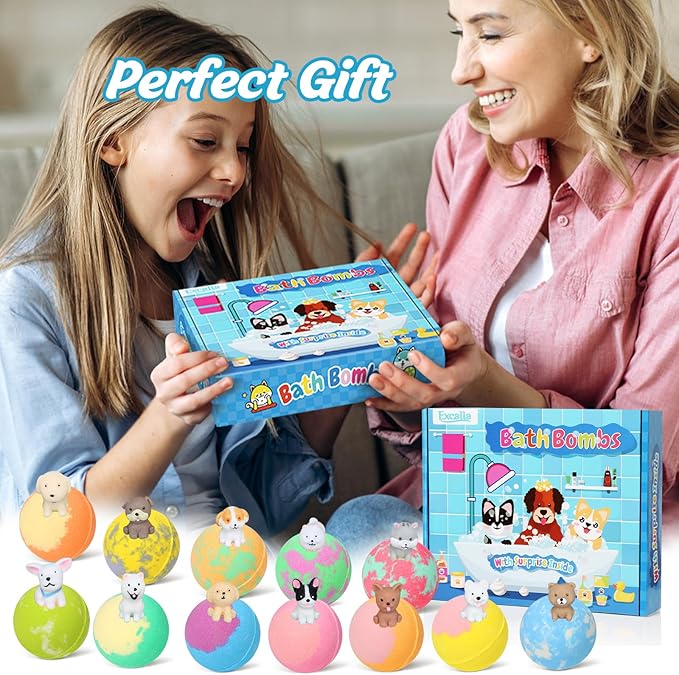Bath Bombs for Kids with Toys Inside for Girls Boys, 12 Pack Kids Bath Bombs with Surprise Dog Pretend Playset, Handmade Bubble Bath Fizzies Birthday Christmas Gift Set