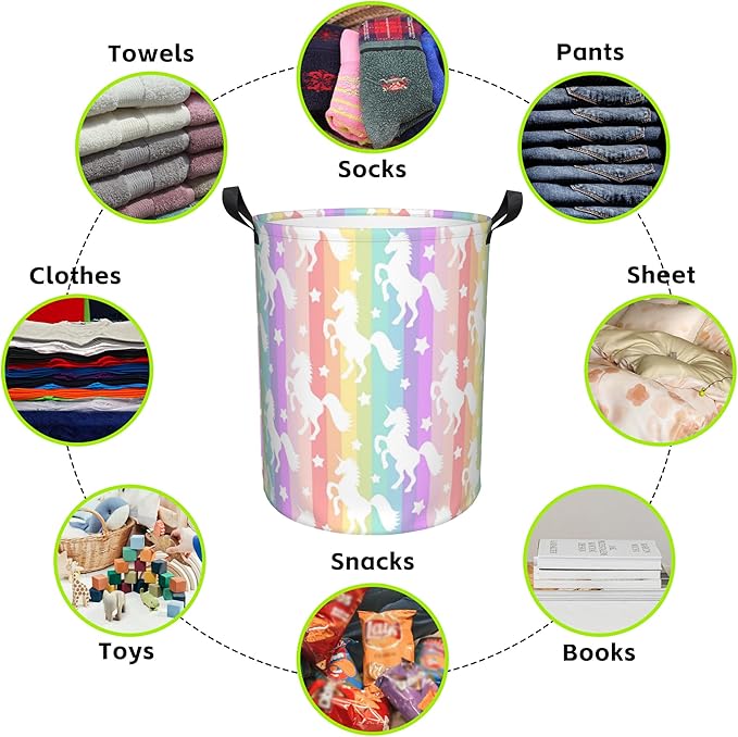 Cute Unicorns on Rainbow Stripes Laundry Basket Foldable Laundry Hamper Oxford Cloth Large Laundry Basket Clothes Storage Bucket Toy Organizer For Bathroom,Laundry,College 17.3 x16.5 Inch