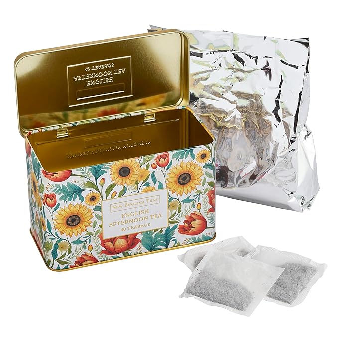 New English Teas Victorian Sunflower Tea Tin with 40 English Afternoon Teabags, Inspired by Embroidery & Textile Styles