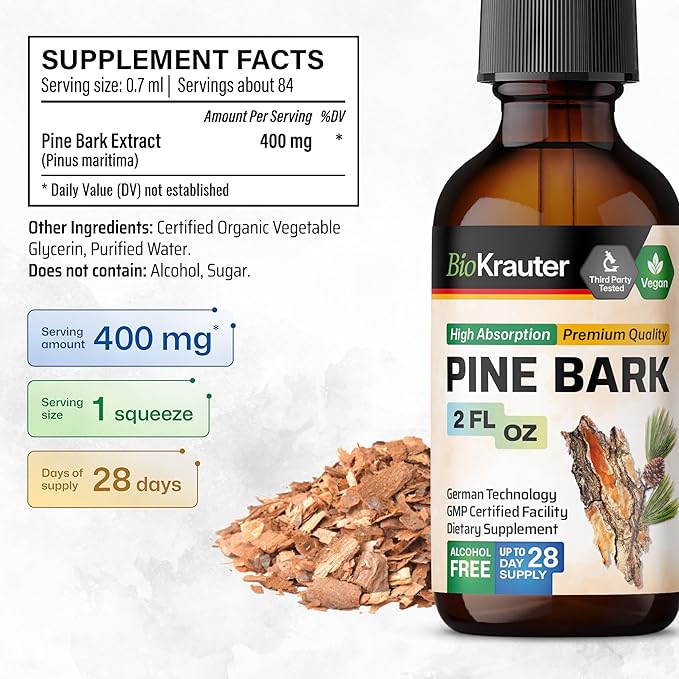 BIO KRAUTER Pine Bark Extract - Rich in Antioxidants Liquid Supplement - 400 mg French Maritime Pine Bark Extract Drops - Vegan, Alcohol & Sugar Free - 2 Fl Oz